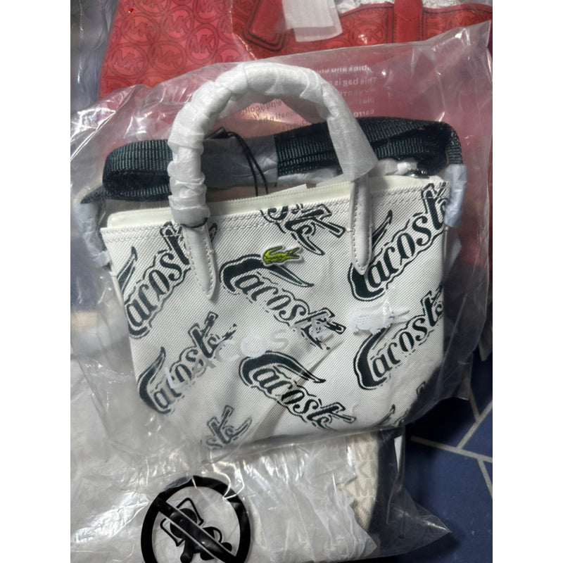 AUTHENTIC/ORIGINAL Lacoste Women’s Logo Print Mini XS Tote Bag Black and White