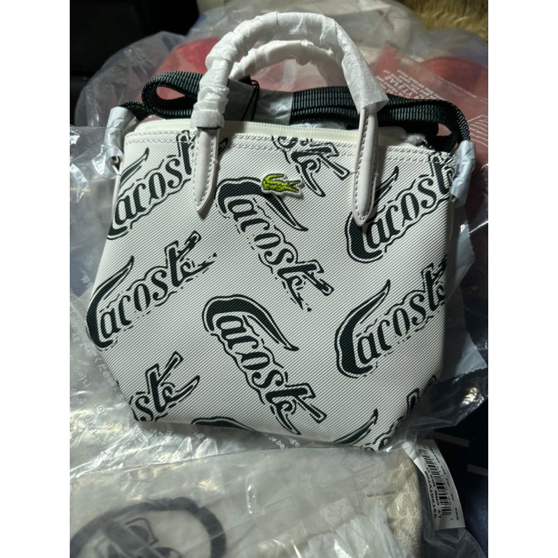 AUTHENTIC ORIGINAL Lacoste Women s Logo Print Mini XS Tote Bag Black and White