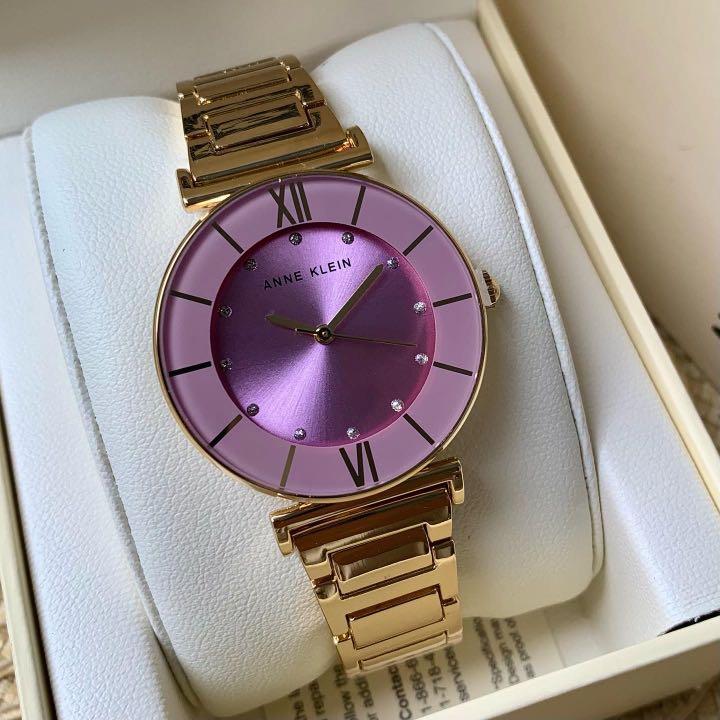 AUTHENTIC/ORIGINAL Anne Klein Women's Glitter Accented Bracelet Watch Purple Dial AK/3782LVGB