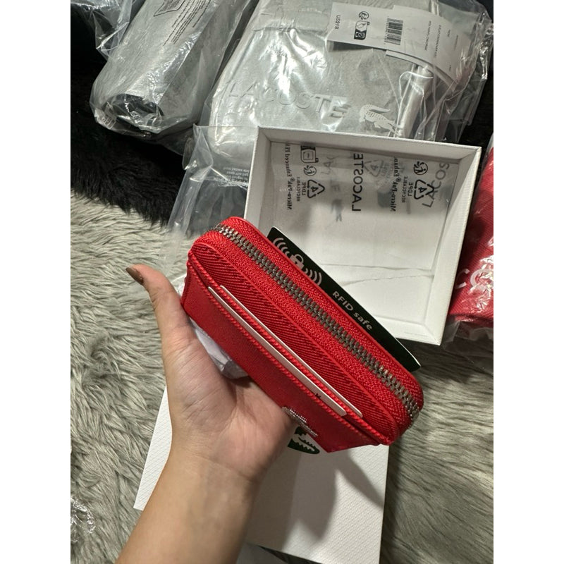 AUTHENTIC/ORIGINAL Lacoste Women's Piqué-Effect Canvas Zipped Coin Purse Wallet Red