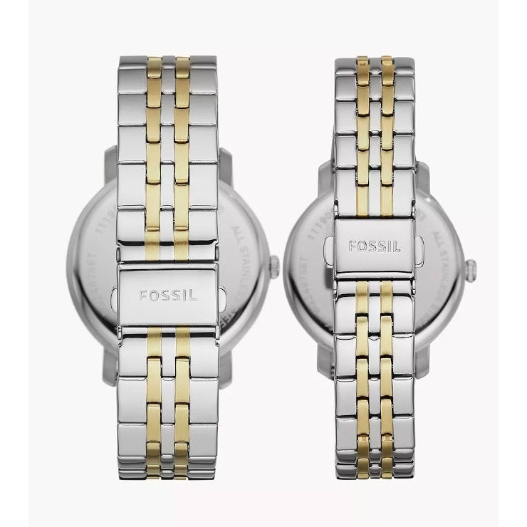 AUTHENTIC/ORIGINAL Fossil Lux Luther Three-Hand Two-Tone Stainless Steel Couple Watch Gift Set