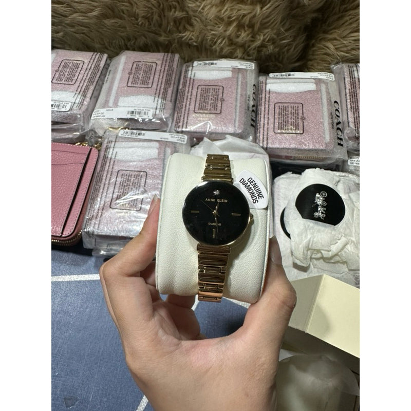 AUTHENTIC Anne Klein Women's AK/2434BKGB Diamond-Accented Gold-Tone Bracelet Watch