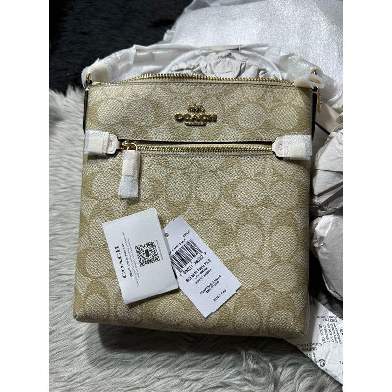 AUTHENTIC/ORIGINAL COACH Rowan and Mini File Bag In Signature Canvas in Light Khaki White