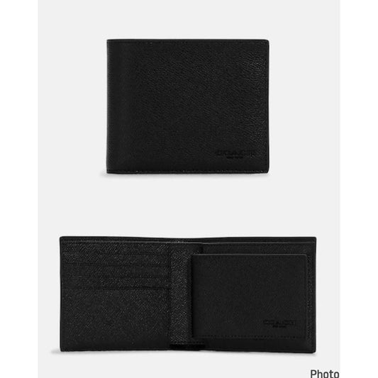 AUTHENTIC Coach 3 in 1 with Insert Compact Men’s Bifold Wallet Crossgrain Leather in BLACK