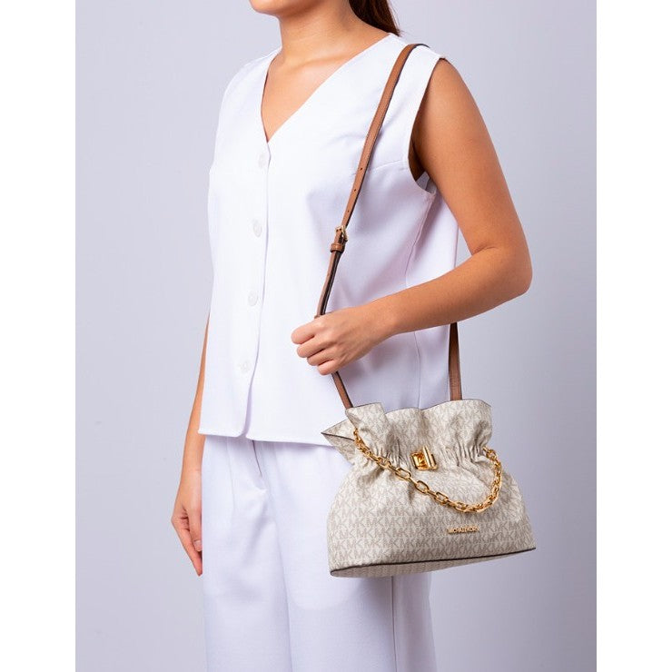AUTHENTIC/ORIGINAL Michael K0rs MK Preloved Signature Large Ruched Clutch Crossbody Bag White
