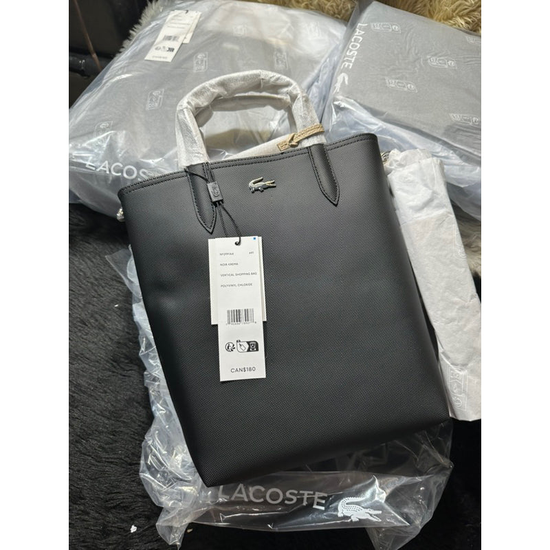 AUTHENTIC/ORIGINAL Lacoste Women's Anna Reversible Canvas Tote Bag in Beige/Black