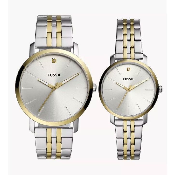 AUTHENTIC/ORIGINAL Fossil Lux Luther Three-Hand Two-Tone Stainless Steel Couple Watch Gift Set