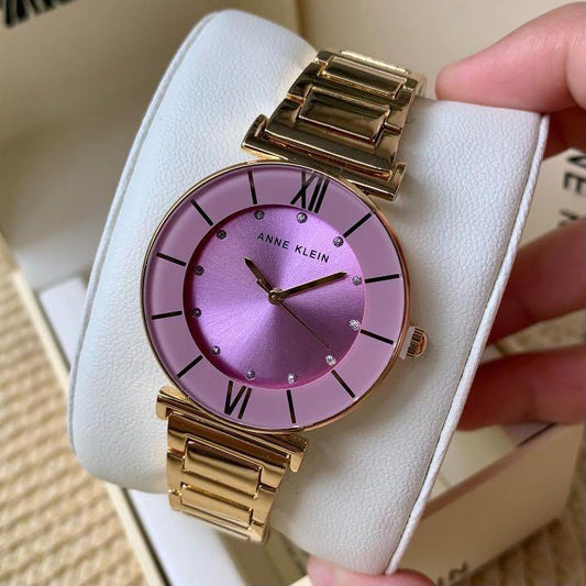 AUTHENTIC/ORIGINAL Anne Klein Women's Glitter Accented Bracelet Watch Purple Dial AK/3782LVGB