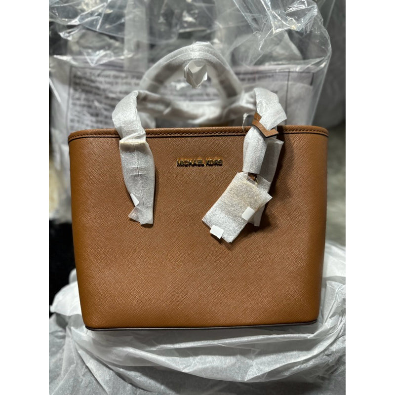 AUTHENTIC Michael K0rs MK Jet Set Travel Extra-Small Saffiano Leather Top-Zip Tote Bag Brown