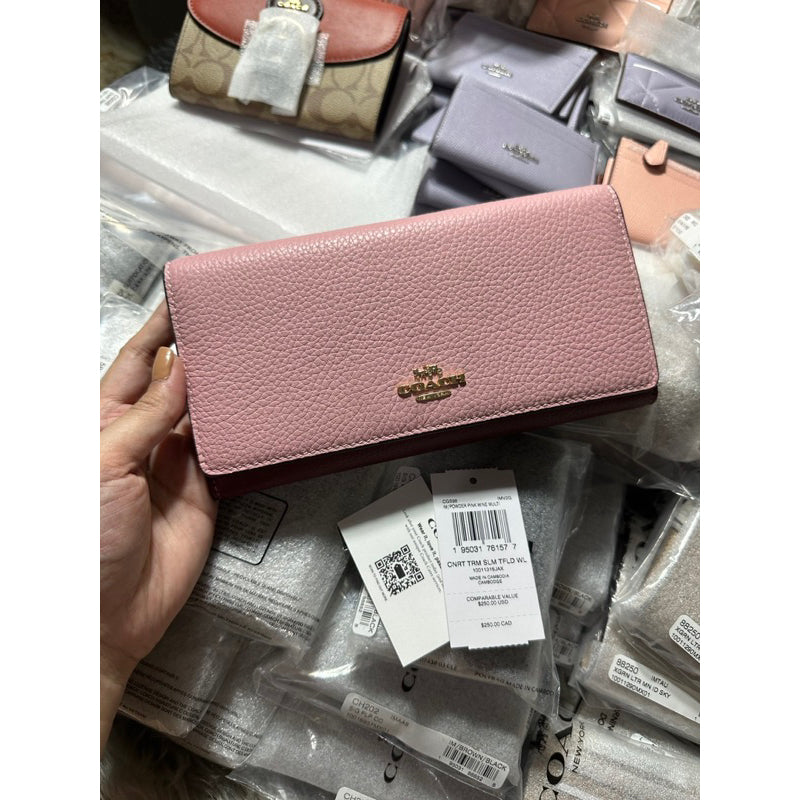 AUTHENTIC/ORIGINAL COACH Slim Trifold Long Wallet in PINK WINE