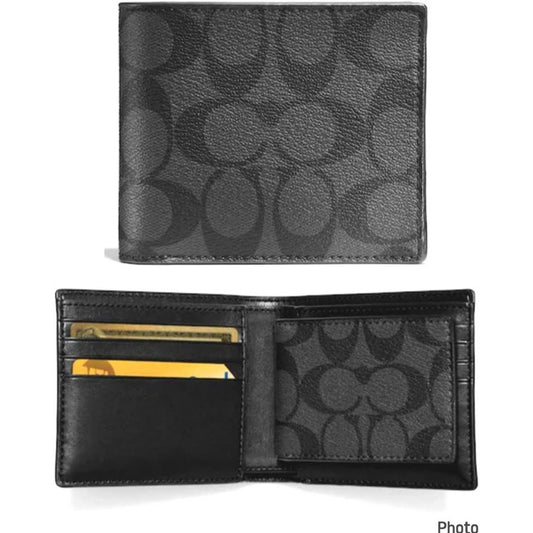 AUTHENTIC COACH COMPACT ID WALLET FOR MEN (WITH INSERT) IN SIGNATURE CANVAS BLACK