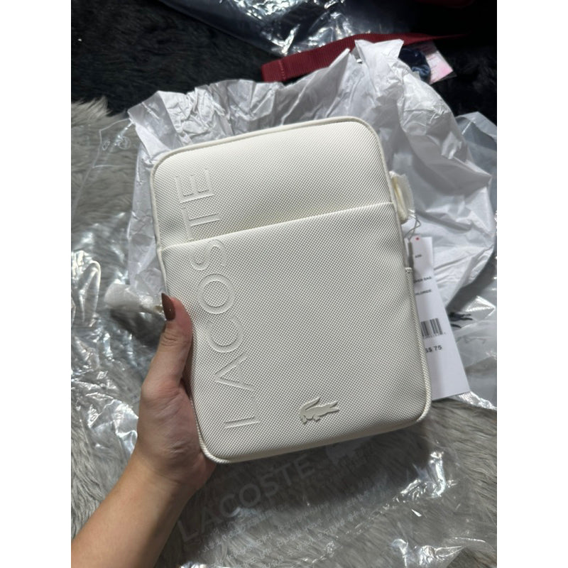 AUTHENTIC/ORIGINAL Lacoste Unisex L.12.12 Branded Zippered Small Flat Men’s Bag White Unisex