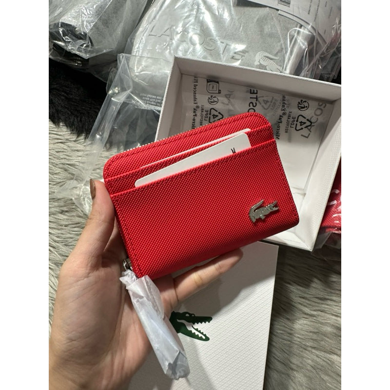 AUTHENTIC/ORIGINAL Lacoste Women's Piqué-Effect Canvas Zipped Coin Purse Wallet Red