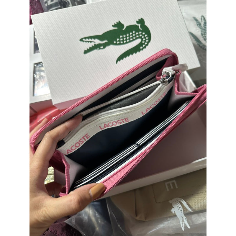 AUTHENTIC/ORIGINAL Lacoste Concept 12 Card Zip Long Wallet Pink / Beige