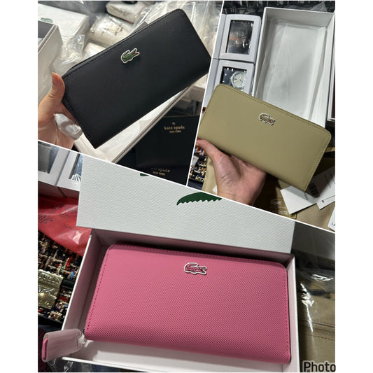 AUTHENTIC/ORIGINAL Lacoste Concept 12 Card Zip Long Wallet Pink / Beige