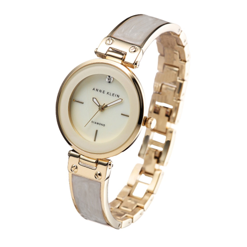 AUTHENTIC Anne Klein Women's AK/2512IVGB Diamond-Accented Dial Gold Tone Ivory White Bangle Watch