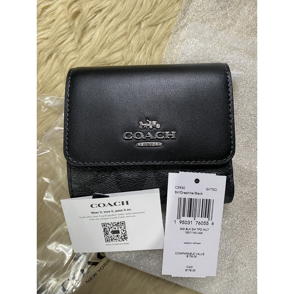 AUTHENTIC/ORIGINAL COACH Small Trifold Wallet In Blocked Signature Canvas in GRAPHITE/BLACK