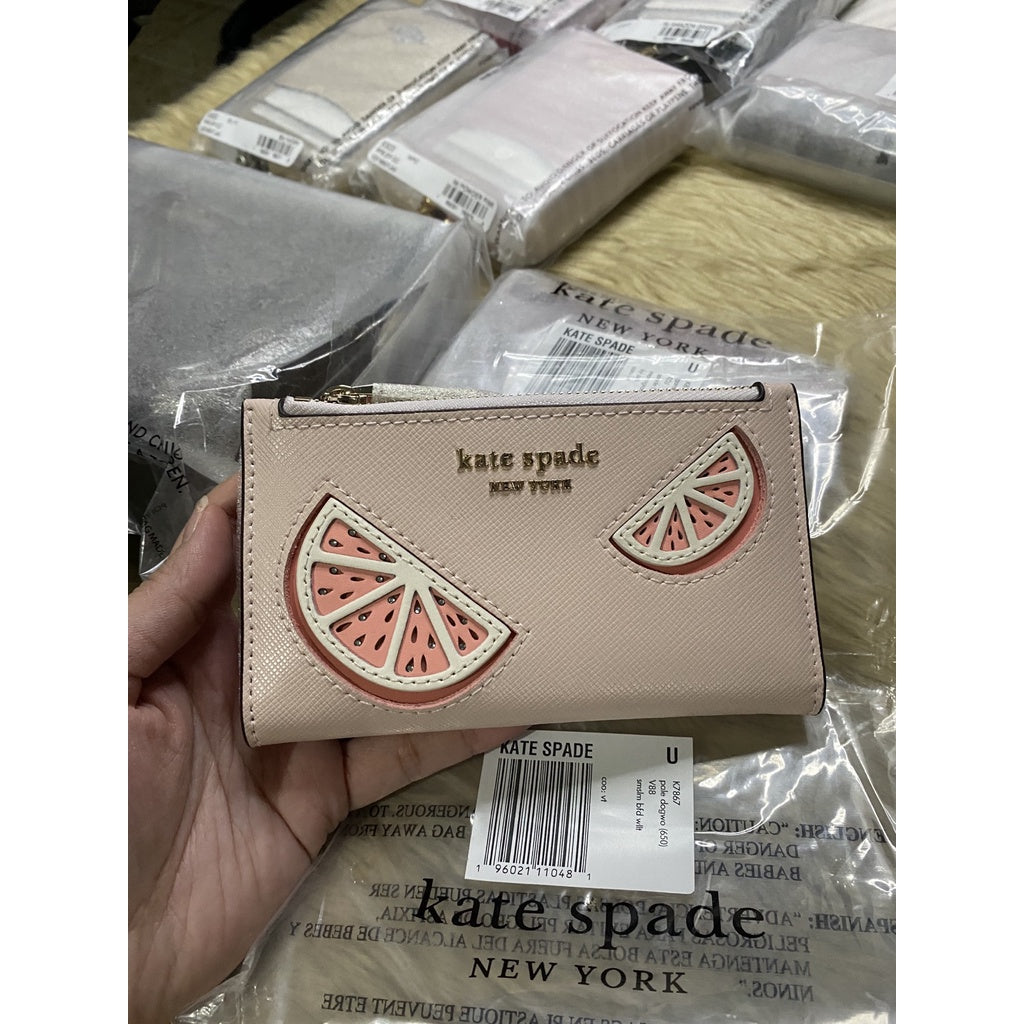 AUTHENTIC/ORIGINAL KateSpade KS Retail Tini Embellished Small Slim Bifold Wallet Watermelon Pink